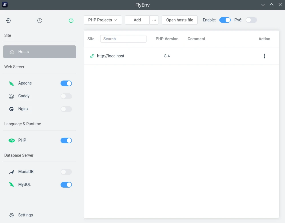FlyEnv configured for Apache + PHP + MySQL