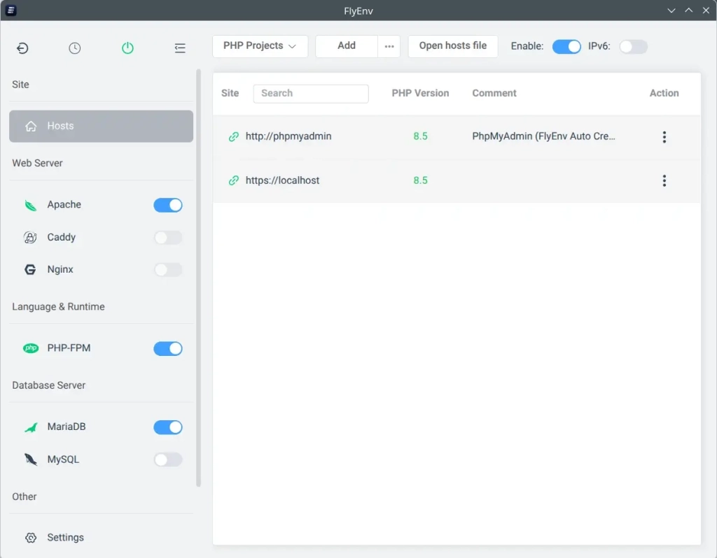 FlyEnv configured for Apache + PHP-FPM + MySQL (18.5 KiB) FlyEnv configured for Apache + PHP-FPM + MySQL