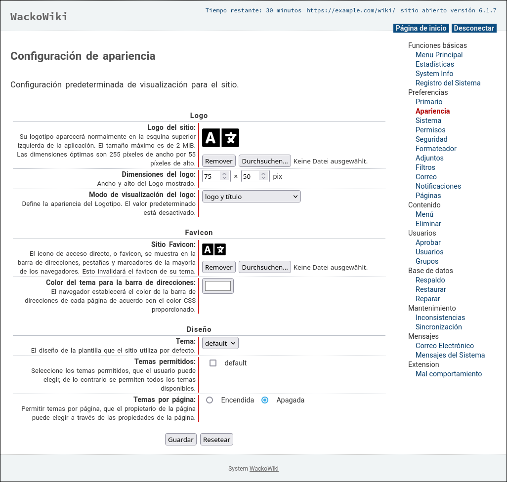 módulo de configuración de la apariencia