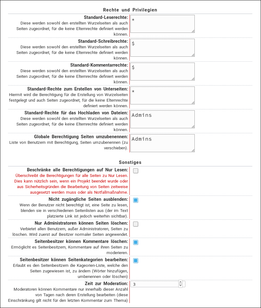 Um die Standard-ACL-Einstellungen zu ändern, gehen Sie im Admin-Panel in den Bereich Einstellungen -> Berechtigungen.