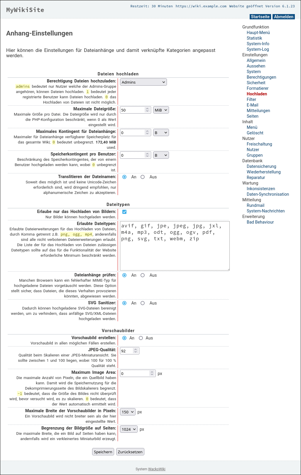 Einstellungen für das Hochladen von Anhängen