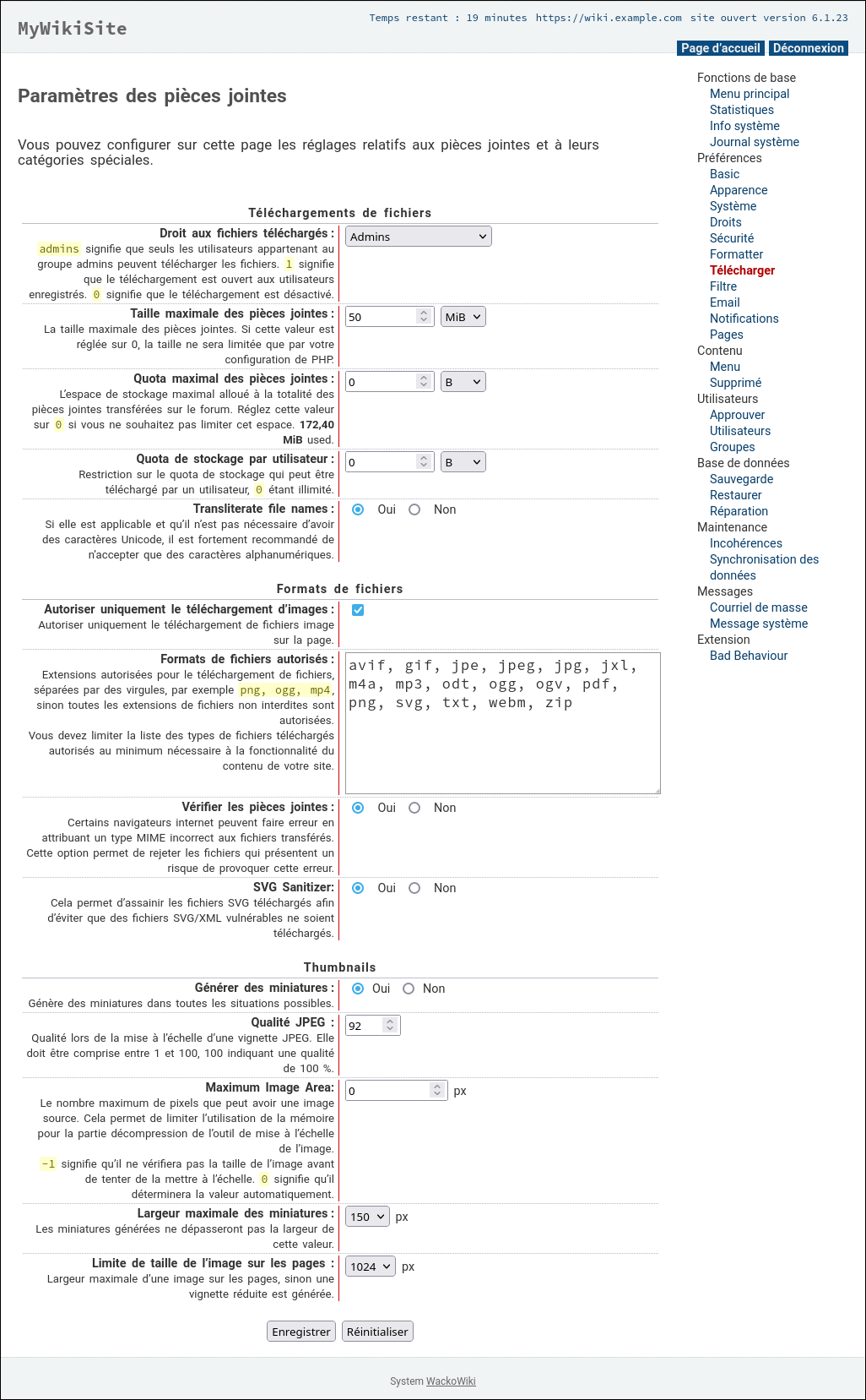 Paramètres des pièces jointes