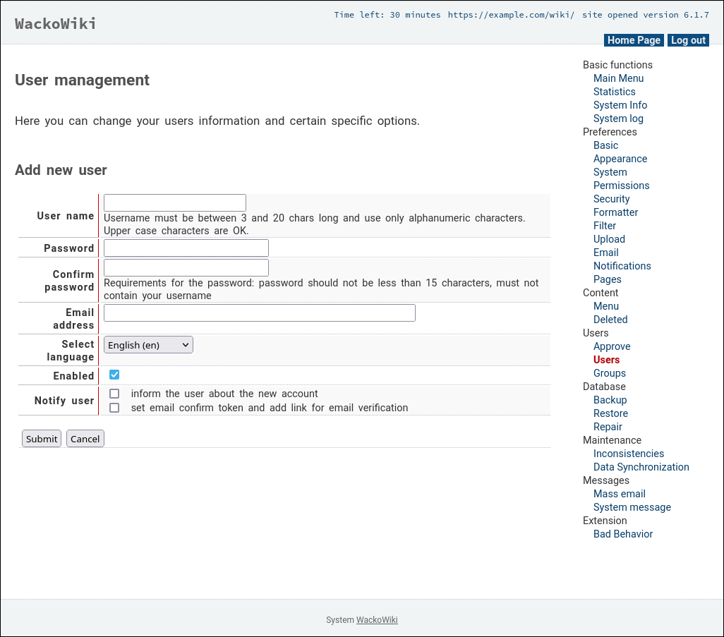 adding a new user via the admin panel