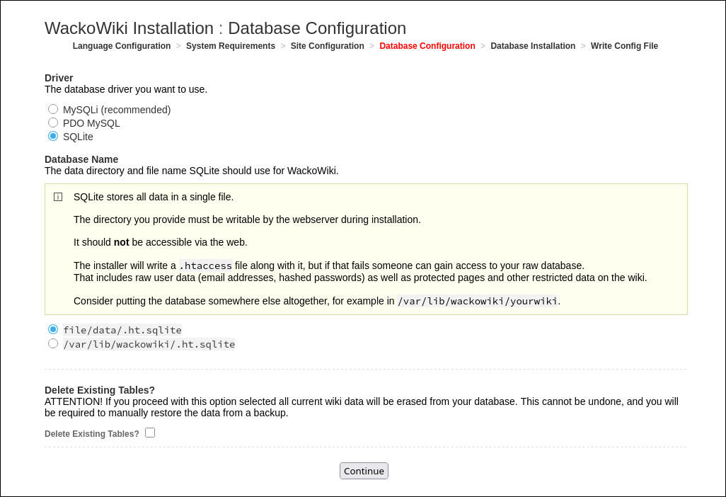 WackoWiki Installation: Database Configuration for SQLite