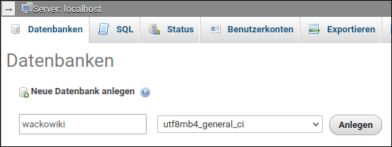 phpMyAdmin: WackoWiki Datenbank erstellen