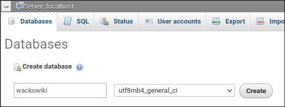 phpMyAdmin - create database
