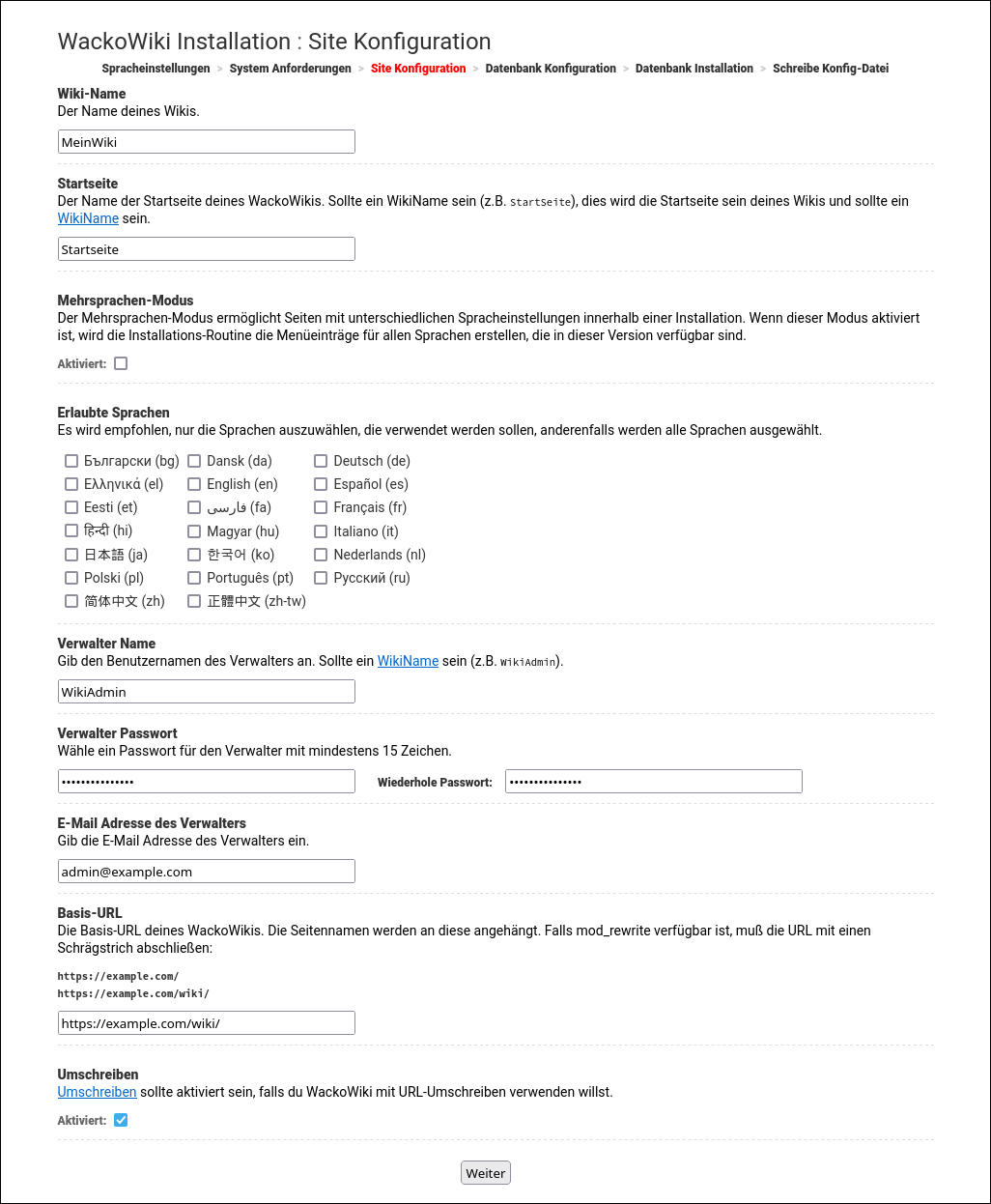 WackoWiki R6.1 Installation Schritt 3: Site Konfiguration