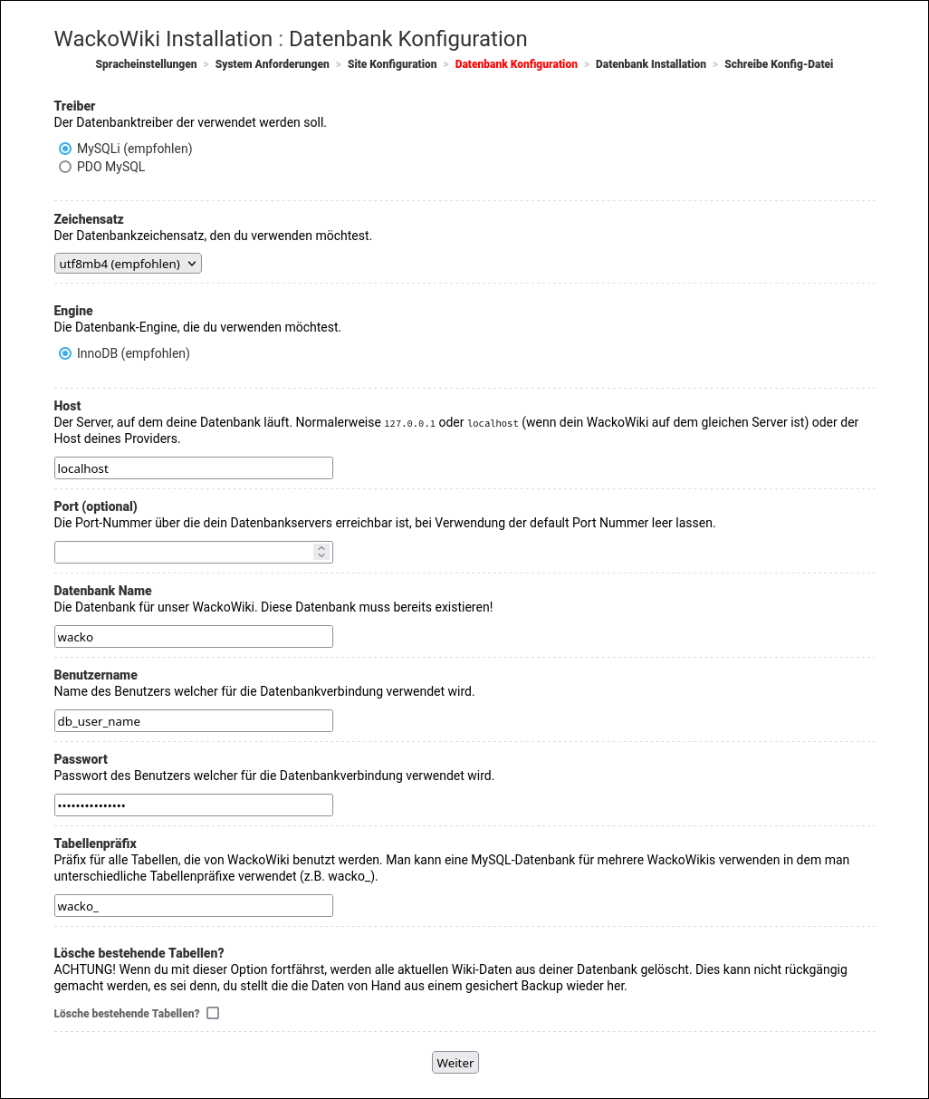 WackoWiki R6.1 Installation Schritt 4: Datenbank Konfiguration