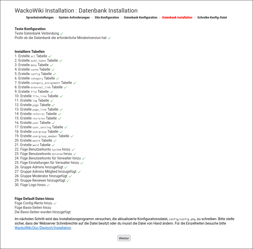 WackoWiki R6.1 Installation Schritt 5: Datenbank Installation