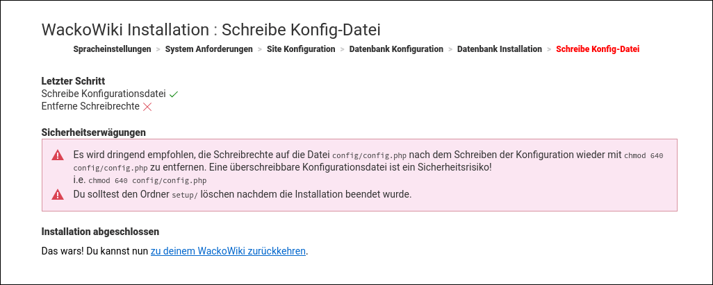WackoWiki R6.1 Installation Schritt 6: Konfig Datei schreiben