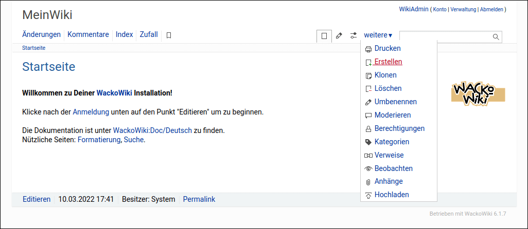 WackoWiki Startseite Angemeldet