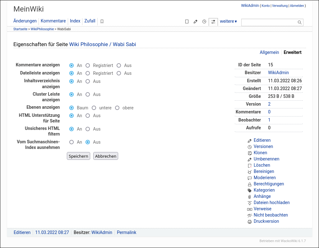 WackoWiki Neue Seite Erweiterte Einstellungen