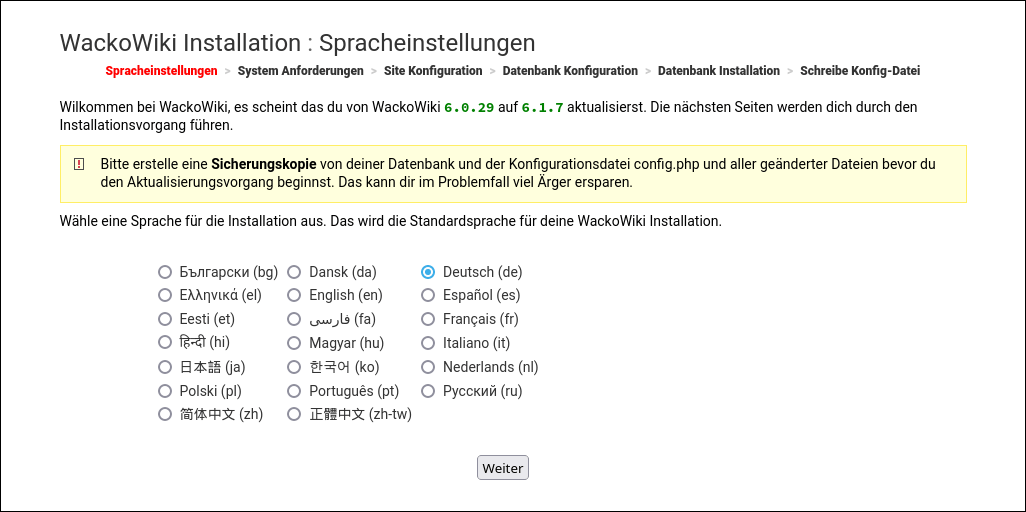 WackoWiki R6.1 Upgrade: Spracheinstellungen