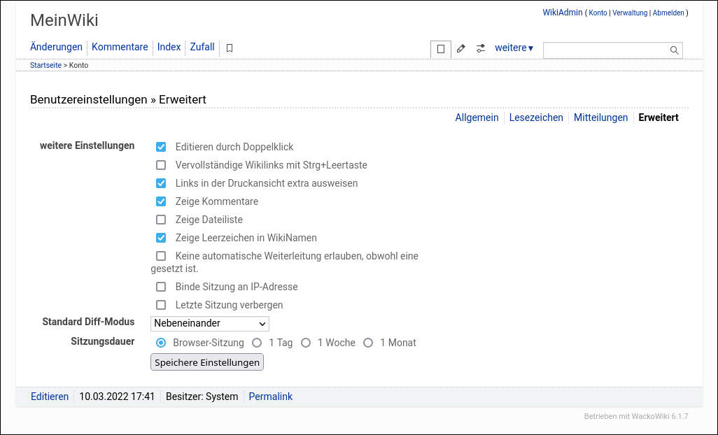 WackoWiki R6.1 Benutzer Erweiterte Einstellungen