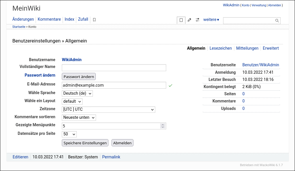 WackoWiki R6.1 Benutzer Einstellungen Allgemein