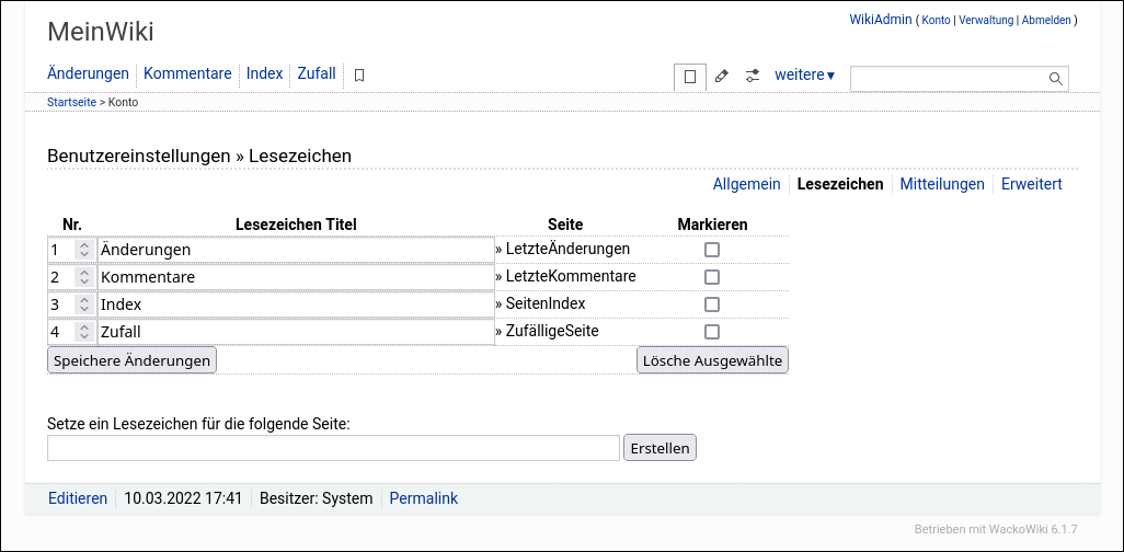 WackoWiki R6.1 Benutzer Einstellungen Lesezeichen