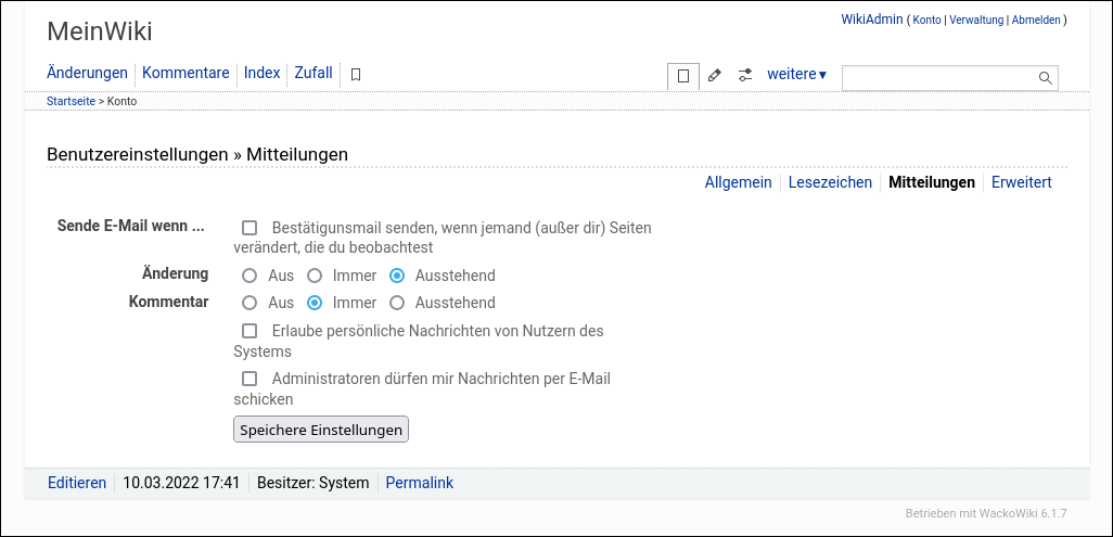 WackoWiki R6.1 Benutzer Einstellungen Mitteilungen