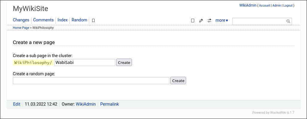 WackoWiki Create New Page