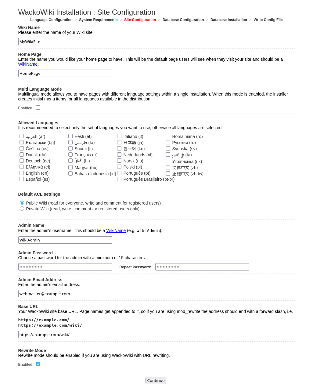 WackoWiki installation step 3: site configuration