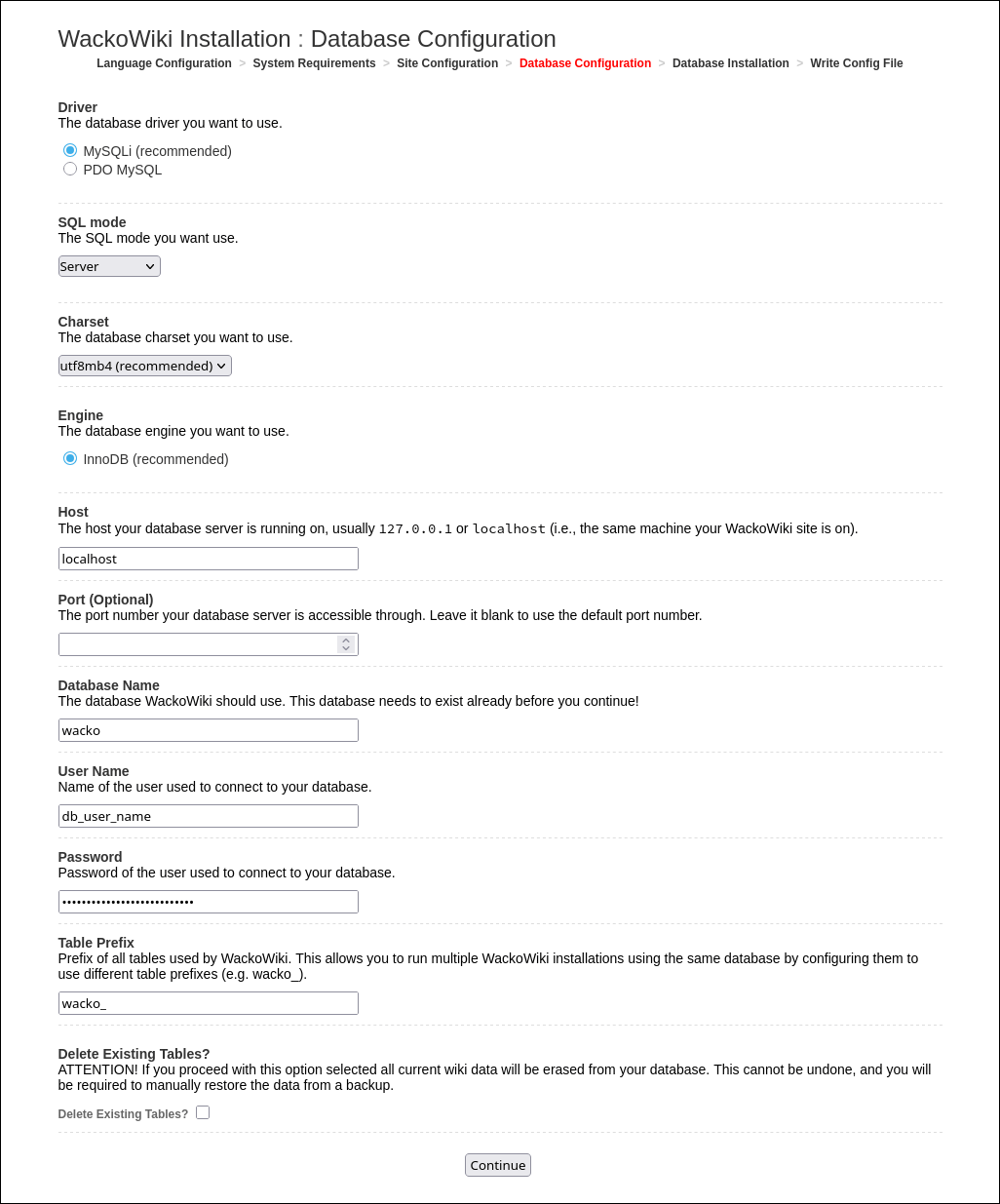 WackoWiki installation step 4: database configuration