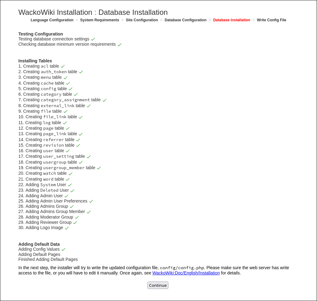 WackoWiki installation step 5: database installation