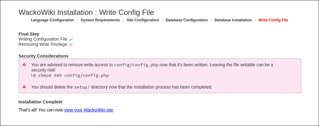 WackoWiki installation step 6: write config file