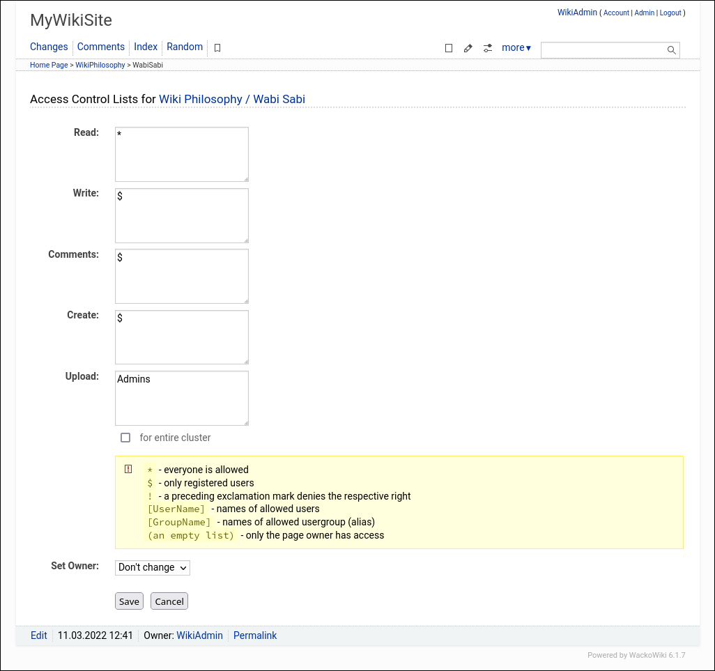 WackoWiki Permissions [access control lists]
