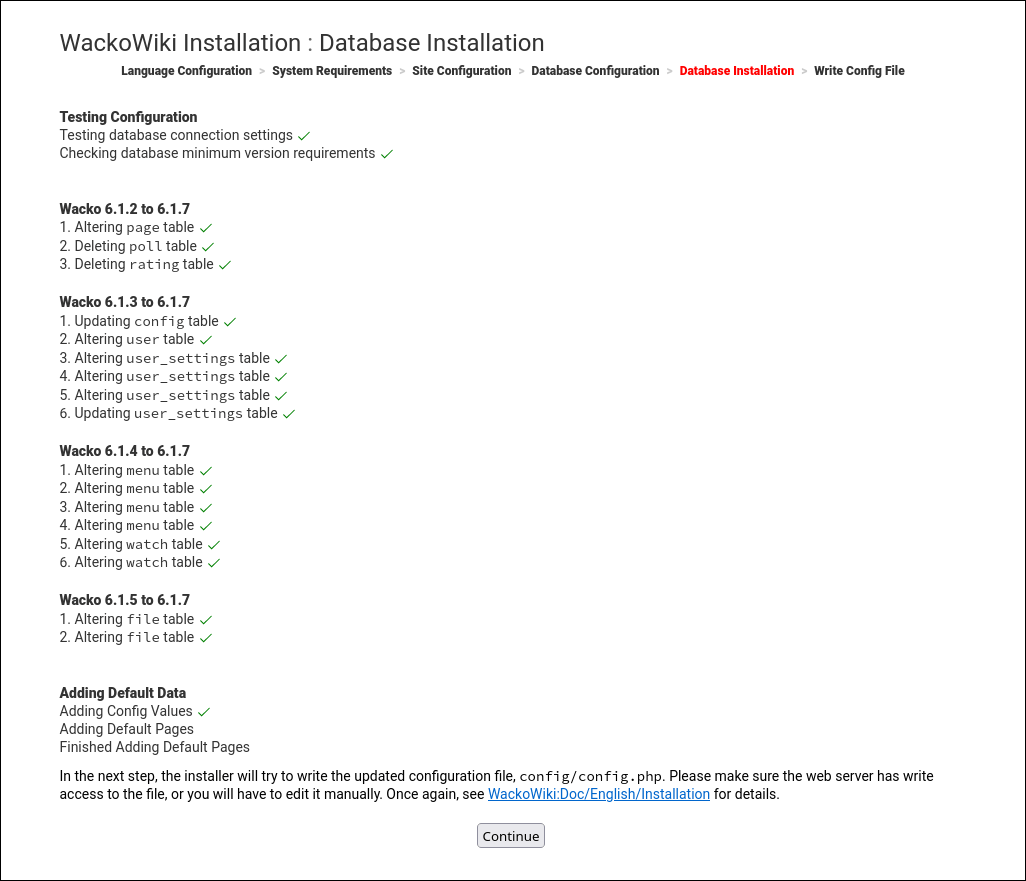 WackoWiki R6.1 upgrade step 5: database installation