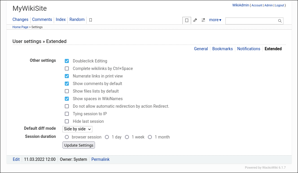 WackoWiki Extended User Settings