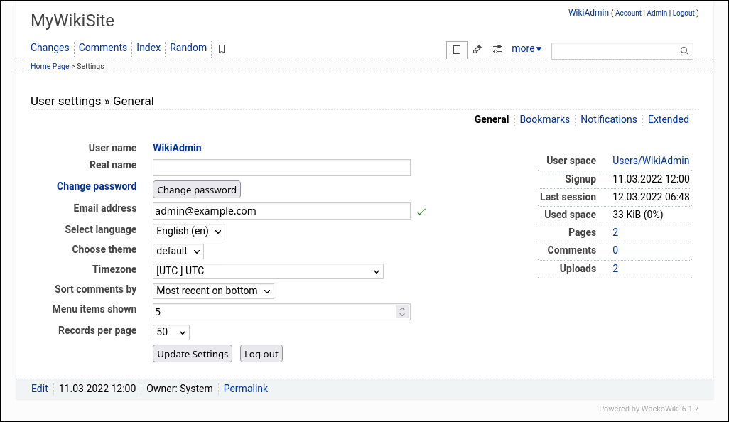 WackoWiki General User Settings