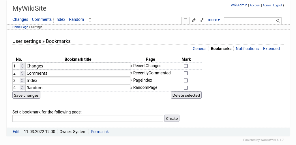 WackoWiki Menu User Settings
