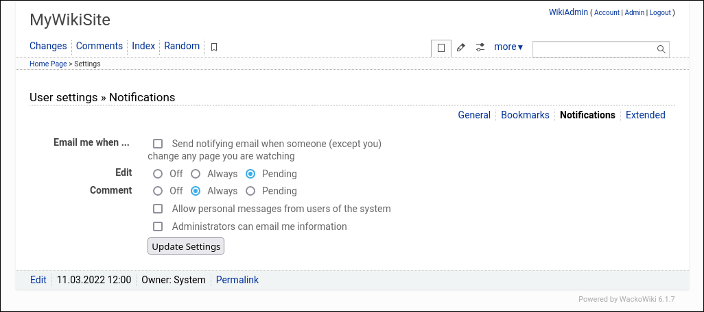WackoWiki Notifications User Settings