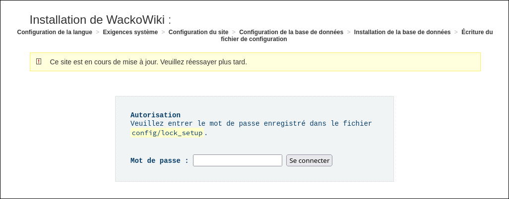 WackoWiki R6.2 étape d'installation 0 : autorisation
