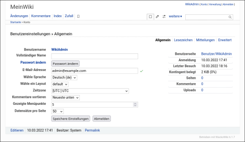 WackoWiki R6.1 Benutzer Einstellungen Allgemein