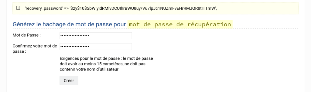 Capture d'écran : WackoWiki configure l'accès au panneau d'administration étape 2 : créer un hachage de mot de passe